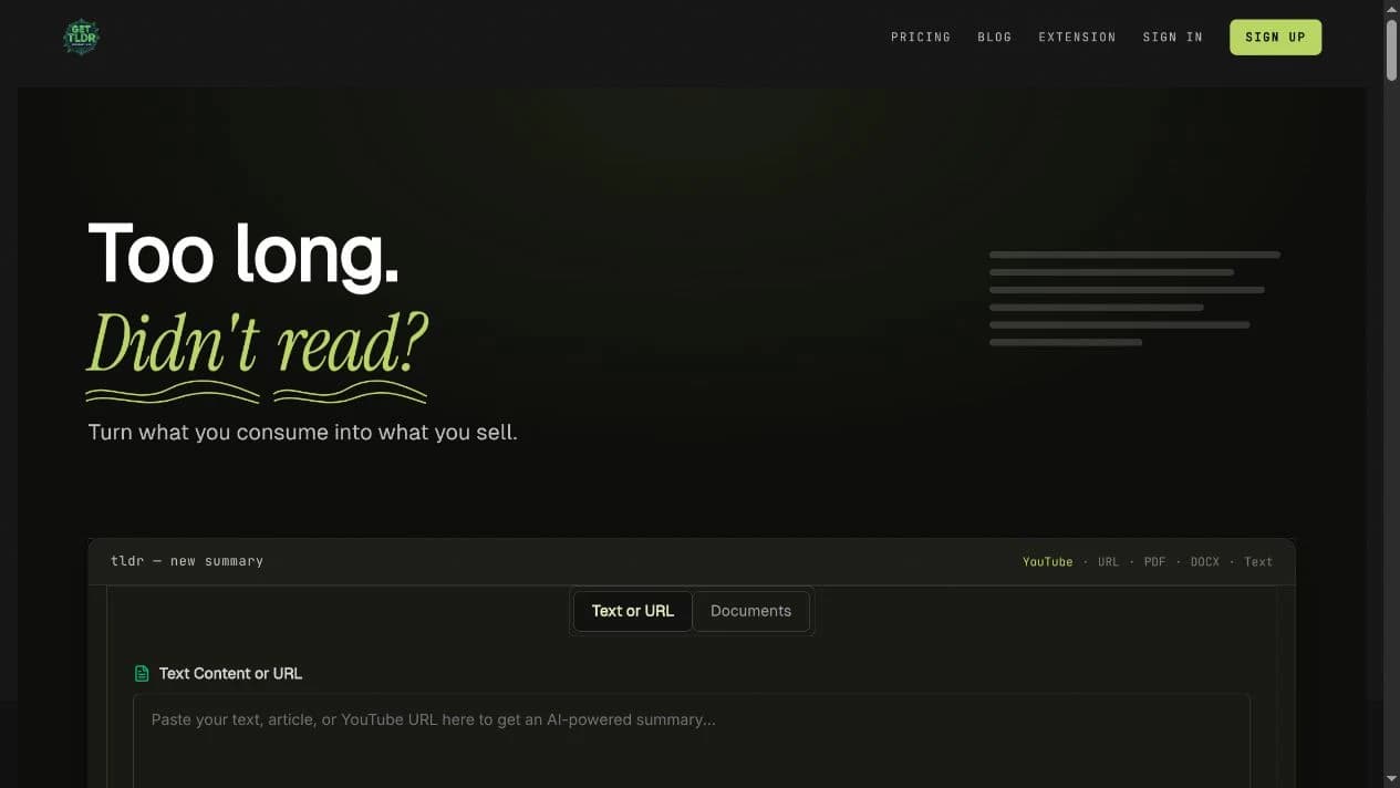 The Get TLDR website — a shared starting point for video, web pages and documents.