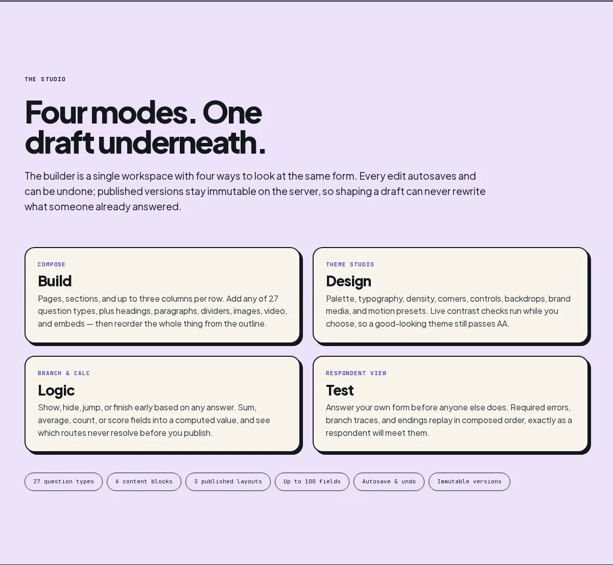 The Yohaku website introduces the four modes of its form studio.